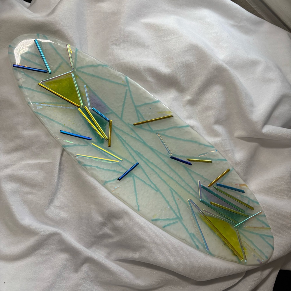 MCM Contemporary Abstract Art Elongated Oval Fused Glass Piece Decor Piece - Picture 1 of 10